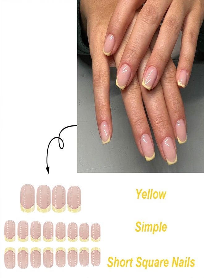 Vopintpy Yellow French Tip Press on Nails Short Square Fake Nails Glossy Acrylic Glue on Nails Reusable Full Cover Stick on Nails for Women - Image 2